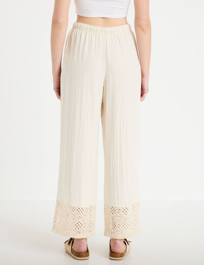 Pantalon large bi-mati&egrave;re pliss&eacute; ecru femme