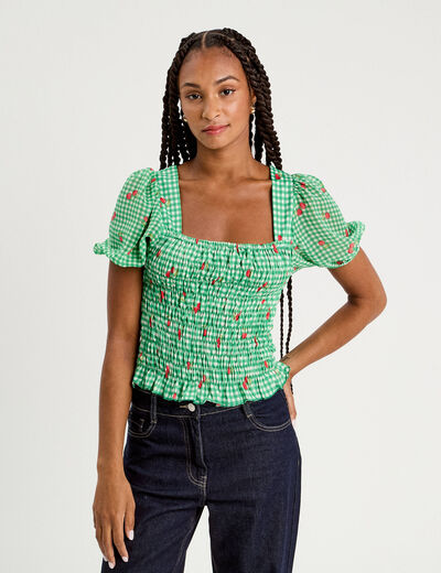Blouse manches courtes smockée rouge femme