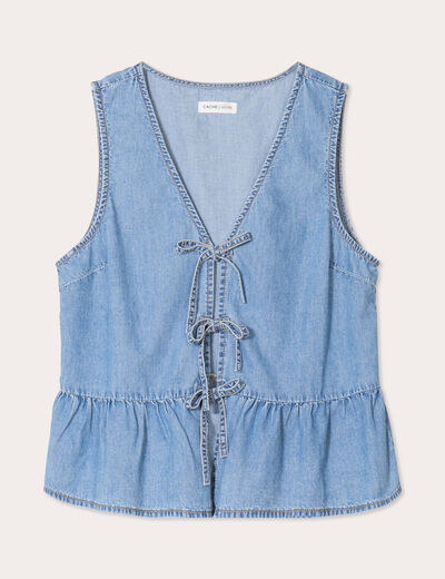 Blouse nouée en jean denim bleach femme