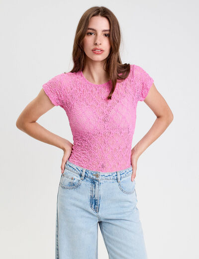 Body ajusté manches courtes dentelle rose femme