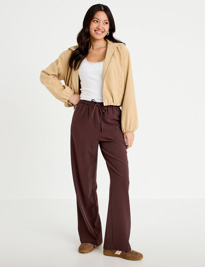 Veste cropped &agrave; capuche manches longues beige femme