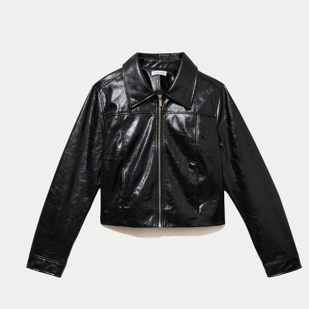 Veste droite cropped en similicuir noir femme