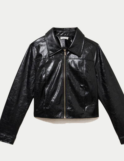 Veste droite cropped en similicuir noir femme