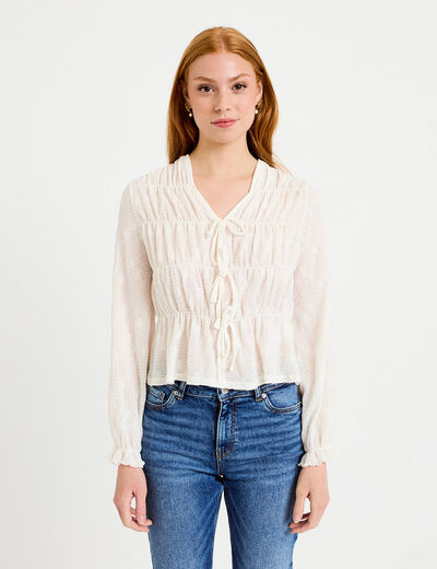 Blouse ajust&eacute;e col v dentelle pliss&eacute;e ecru femme