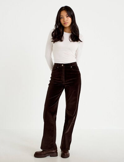 Pantalon bootcut taille haute velours marron fonc&eacute; femme