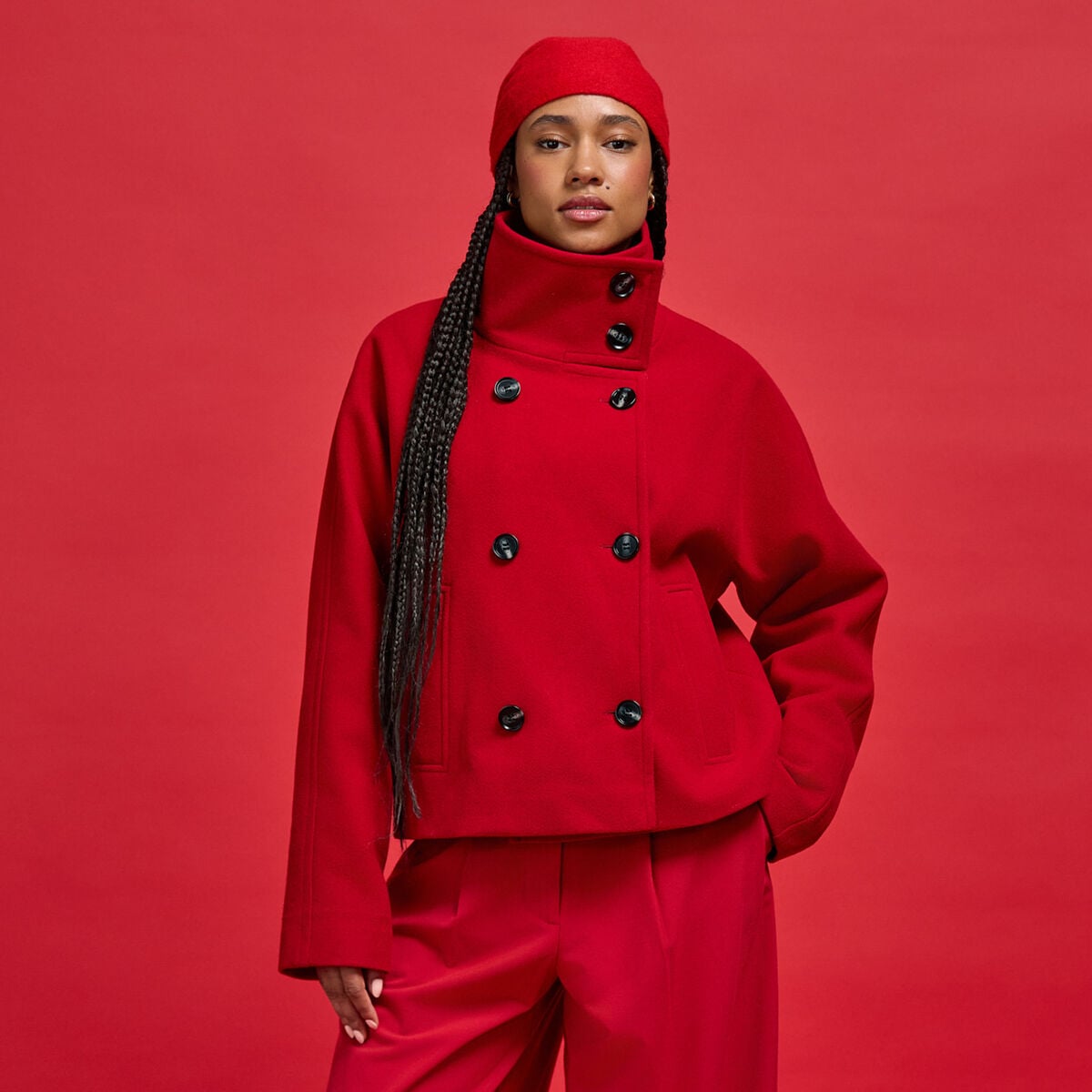 Caban court col montant rouge femme