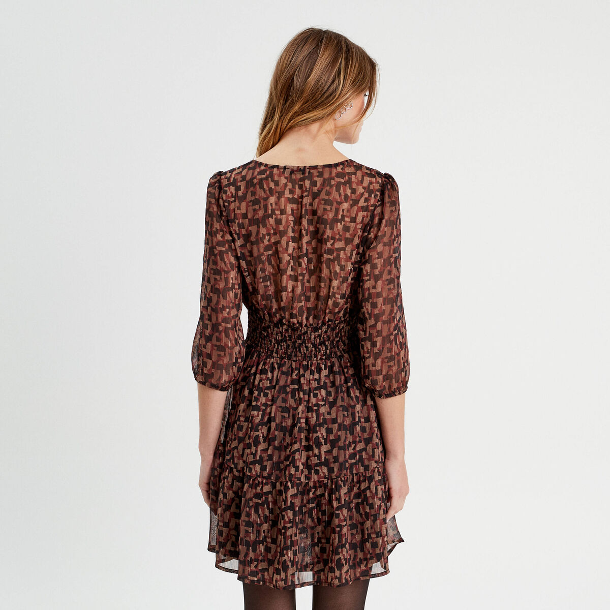 Robe évasée manches 3/4 marron femme