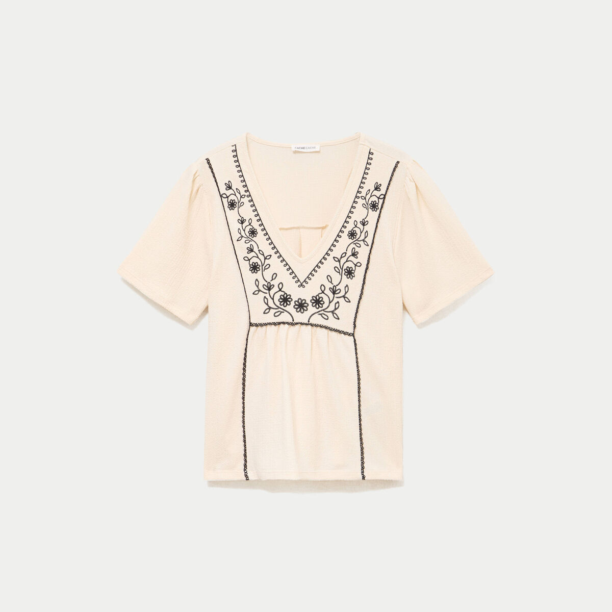 Blouse col v manches courtes ecru femme