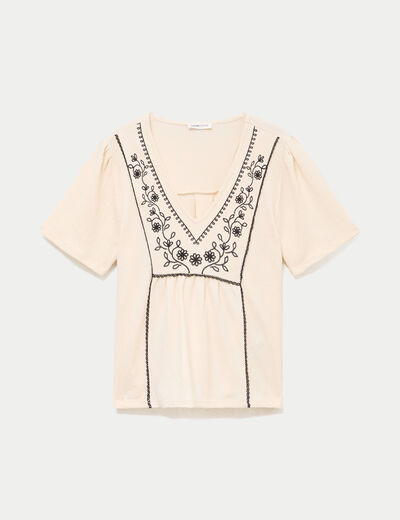 Blouse col v manches courtes ecru femme