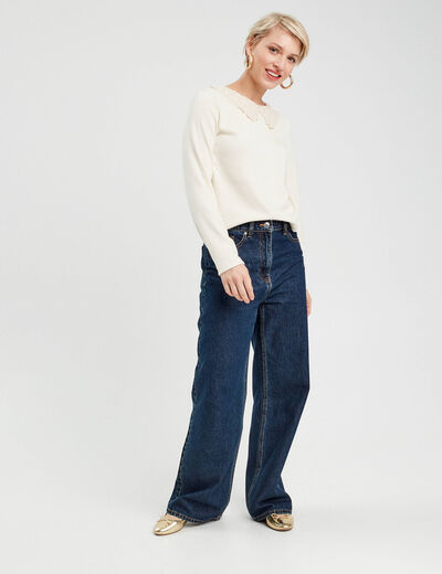 T-shirt col claudine macramé ecru femme