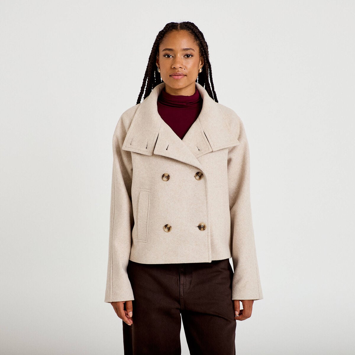 Caban court col montant beige femme