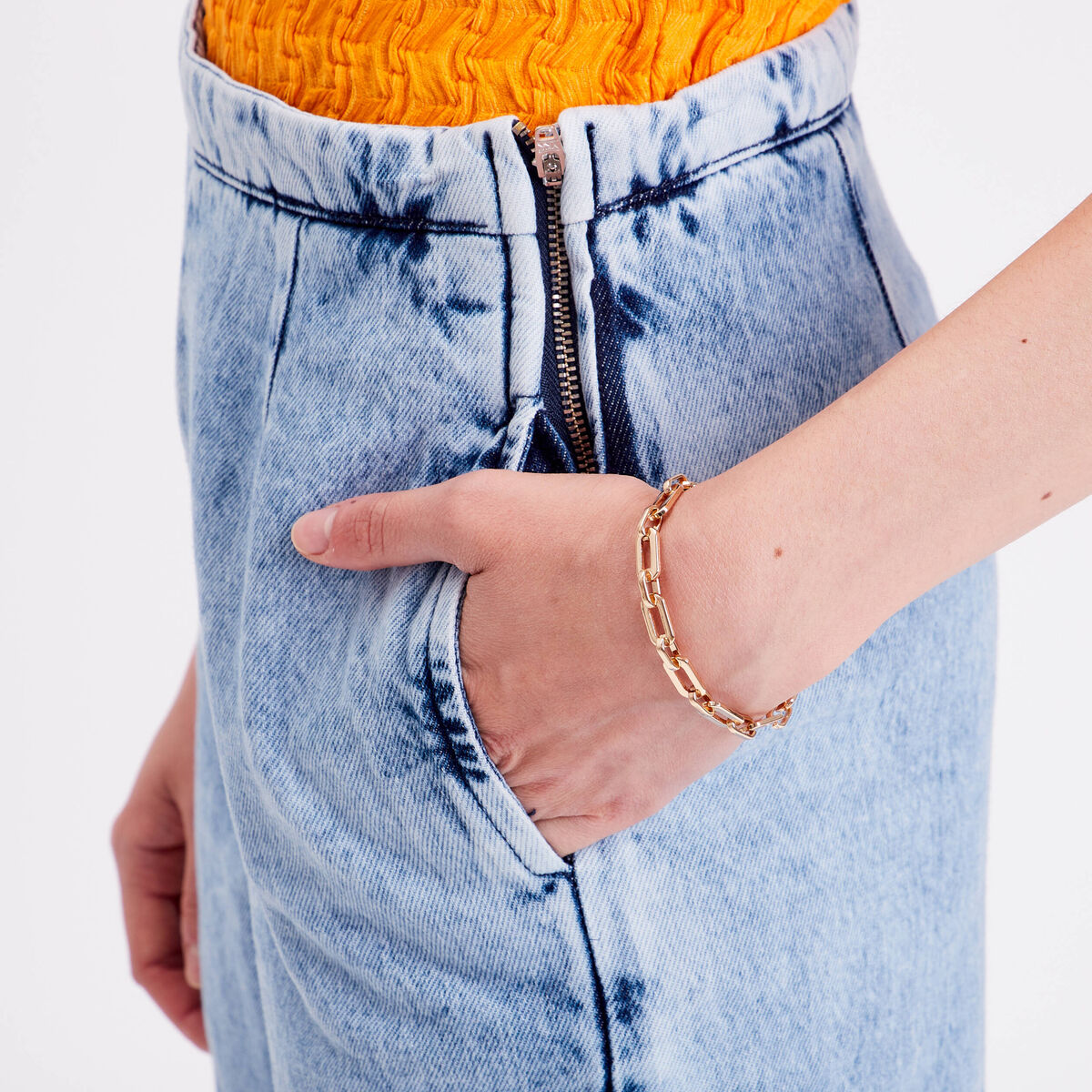 Jeans large zippé denim bleach femme