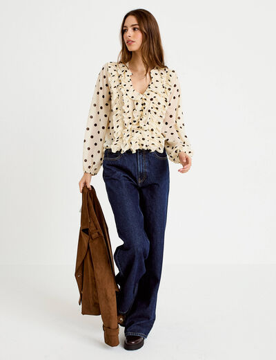 Blouse droite col v manches longues blanc femme