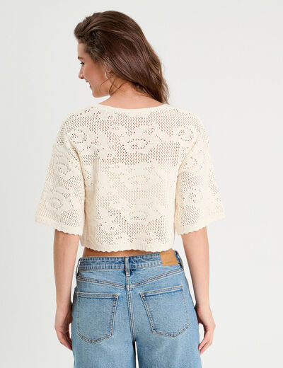 Gilet ajouré manches 3/4 ecru femme