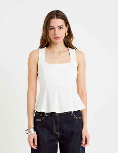 Top cintr&eacute; col carr&eacute; sans manches ecru femme
