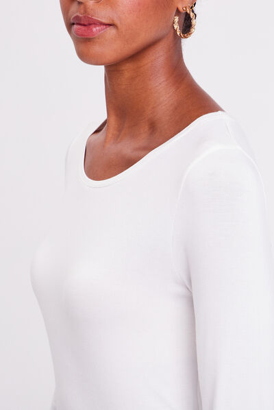 T-shirt uni à manches longues ecru femme