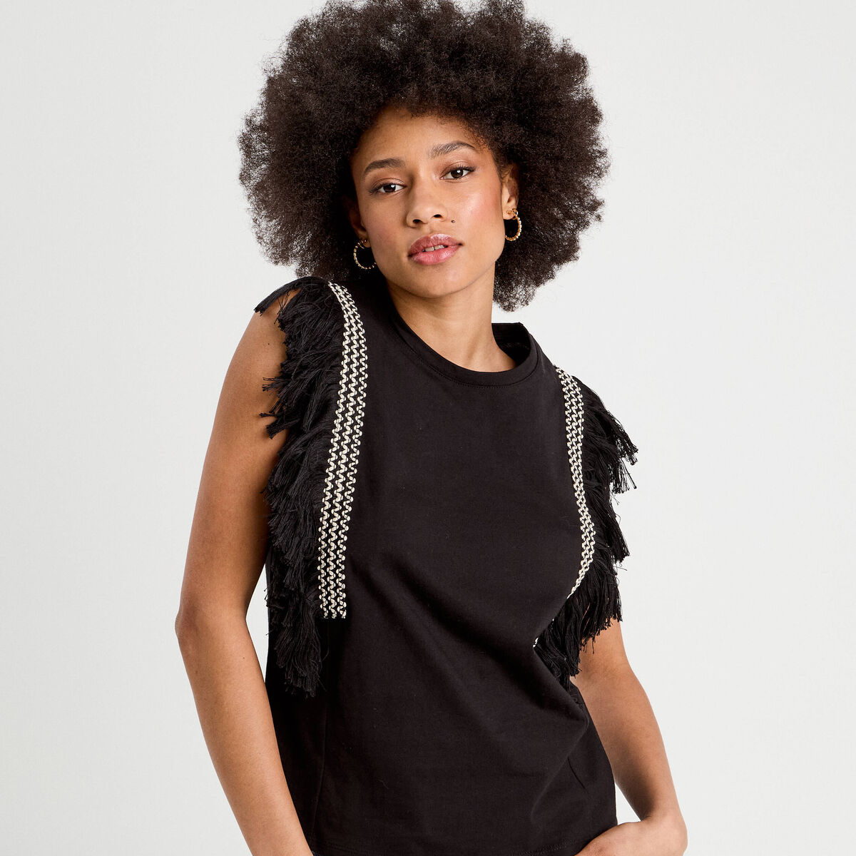 T-shirt avec franges noir femme