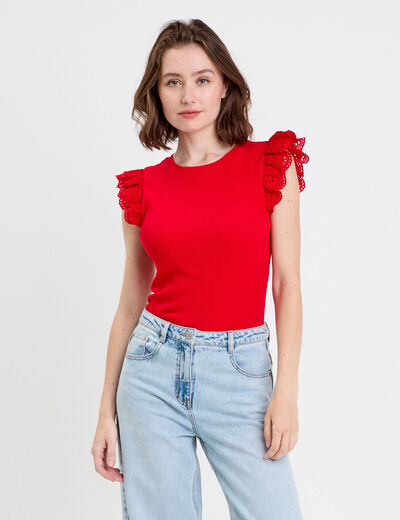 Débardeur volants brodés rouge femme
