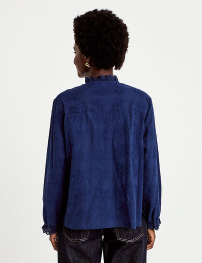 Blouse ample col montant manches longues bleu marine femme