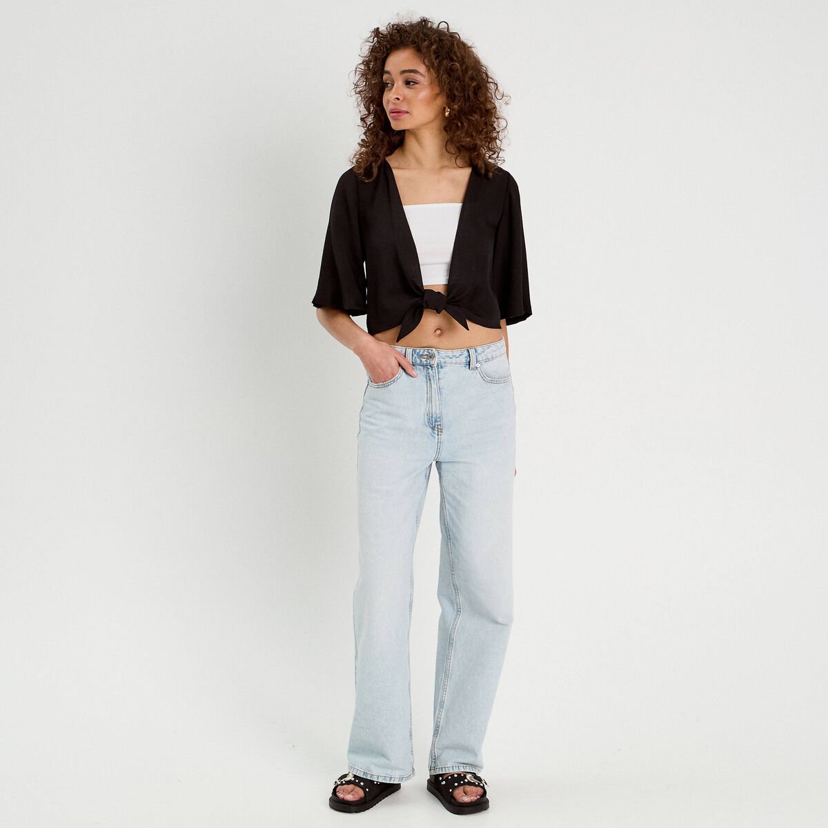 Blouse nouée cropped noir femme