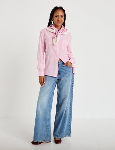 Chemise brod&eacute;e manches longues rose femme