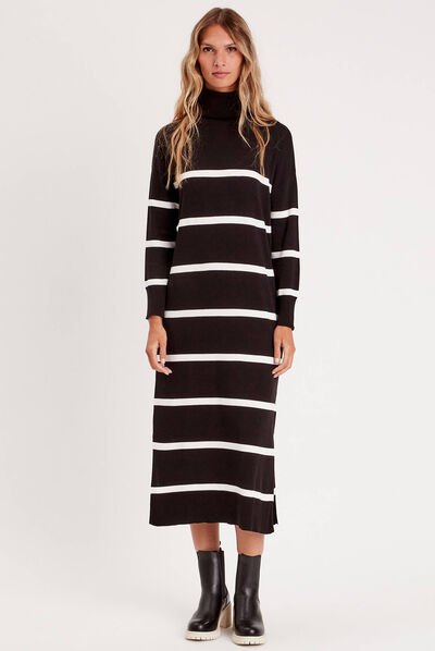 Robe pull longue col roulé noir femme