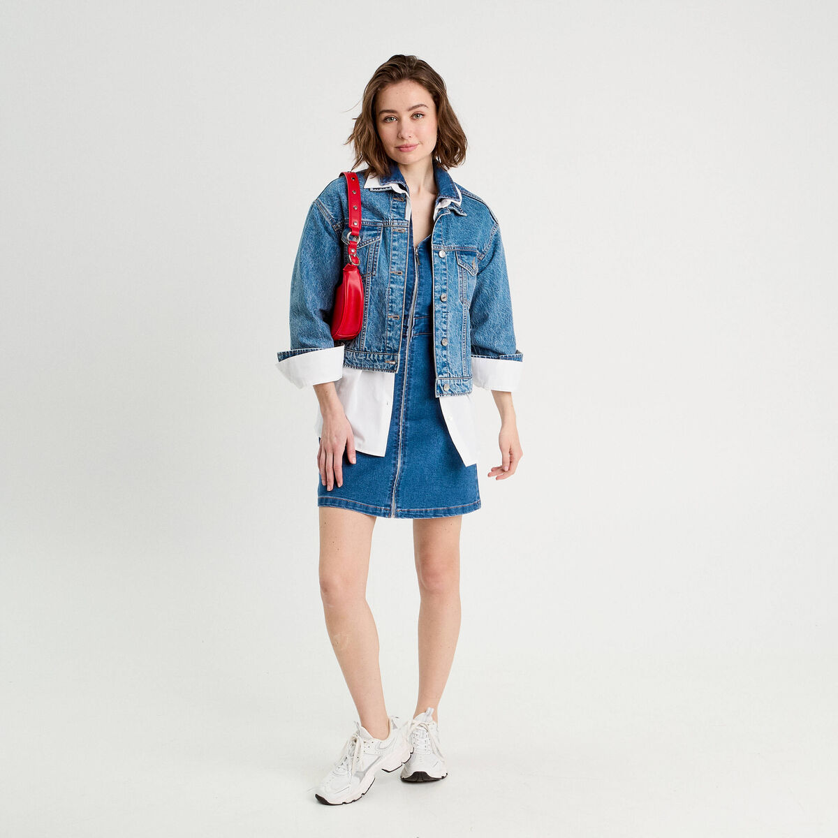 Robe droite zipp&eacute;e en jean denim stone femme