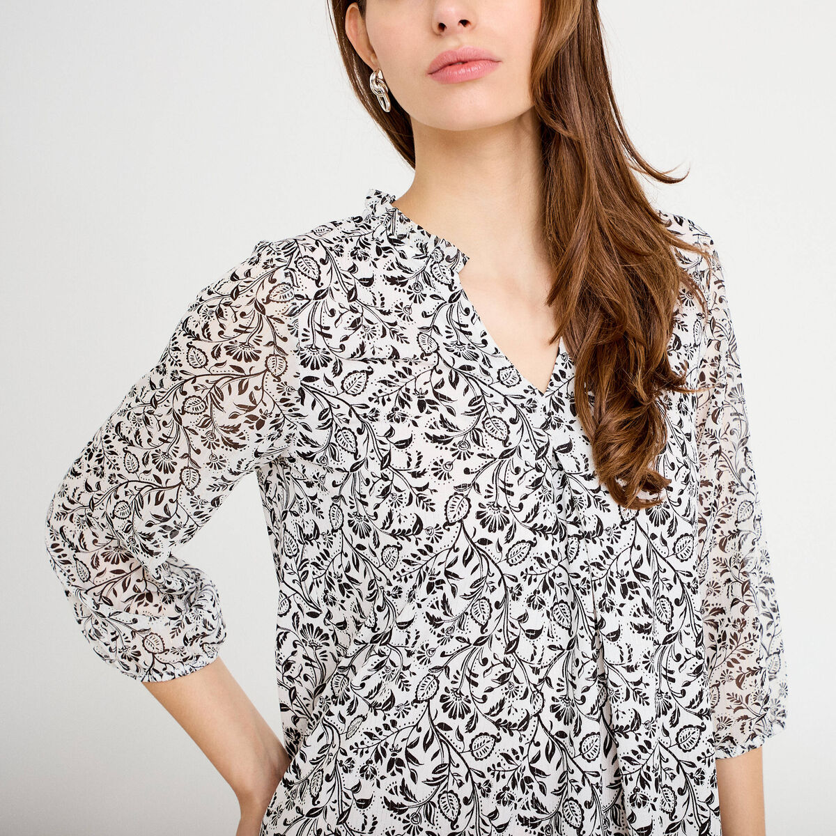 Blouse col v manches 3/4 blanc femme