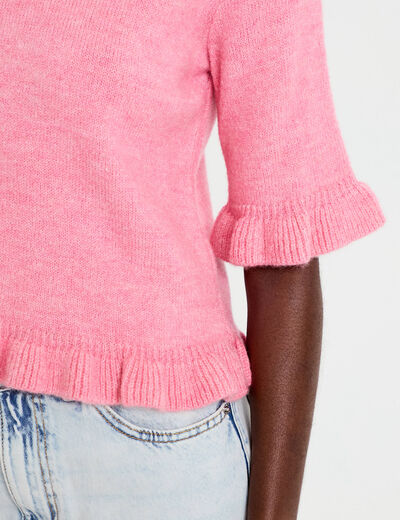 Pull col rond manches courtes rose clair femme