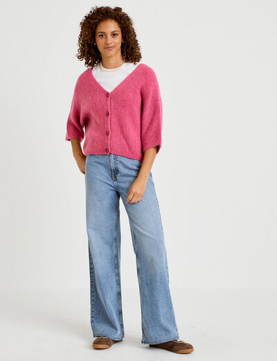 Gilet ample col v manches 3/4 vieux rose femme
