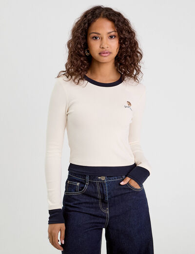 T-shirt cropped 2-en-1 ecru femme