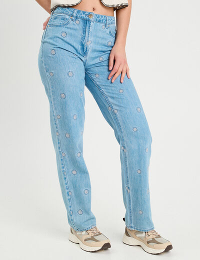 Jeans droit brodé blanc femme