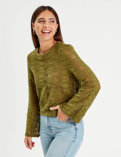 T-shirt ajouré manches pagodes vert olive femme