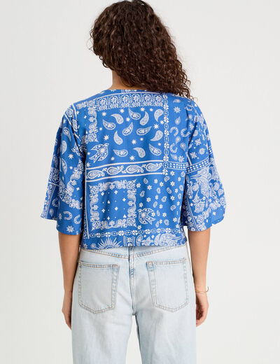 Blouse nouée manches 3/4 bleu femme