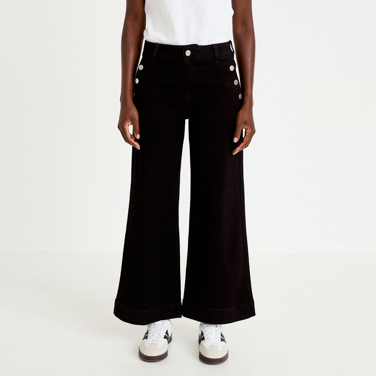 Jean wide leg cropped taille haute denim noir femme