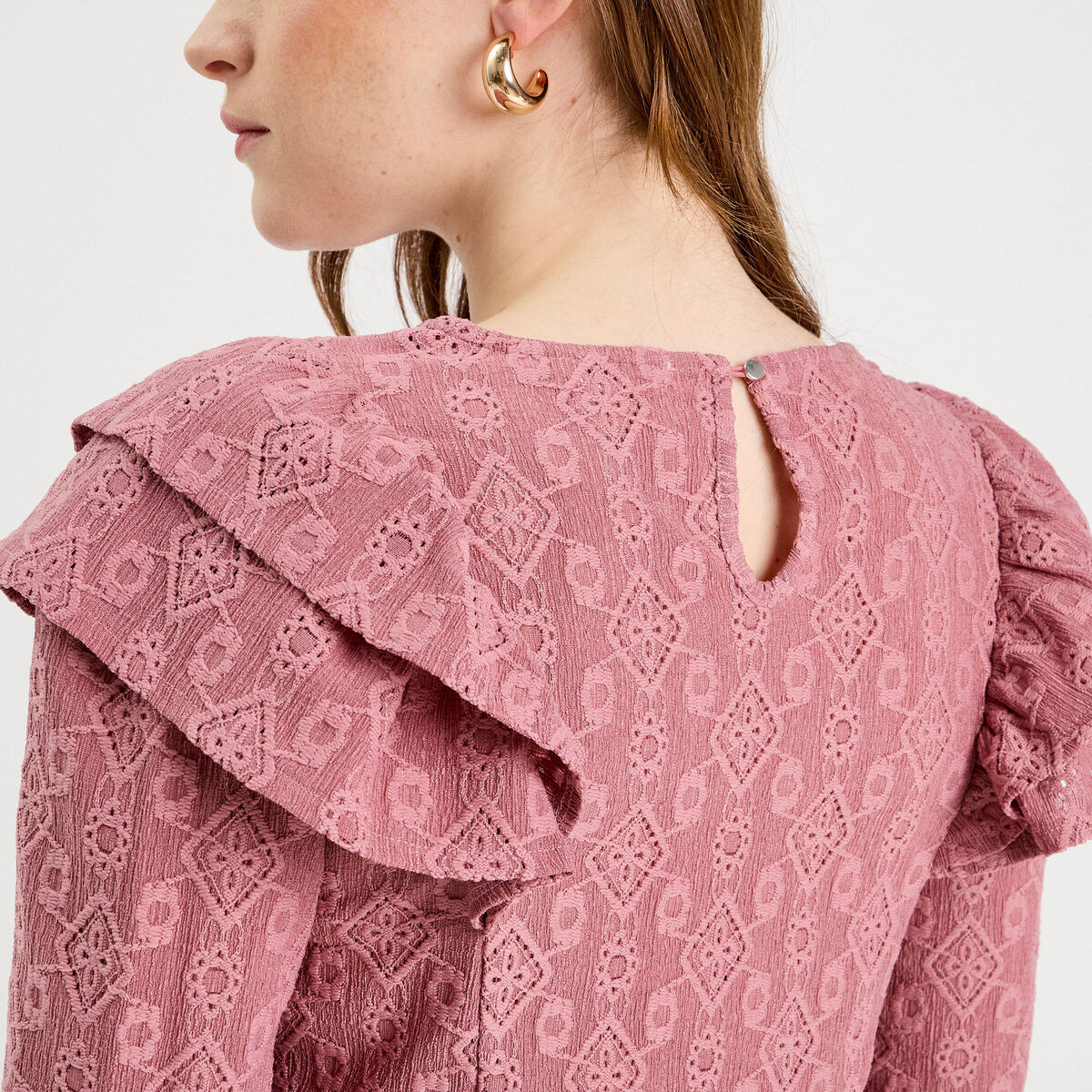 Blouse brodée avec volants vieux rose femme
