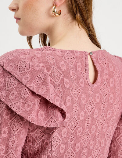 Blouse brodée avec volants vieux rose femme