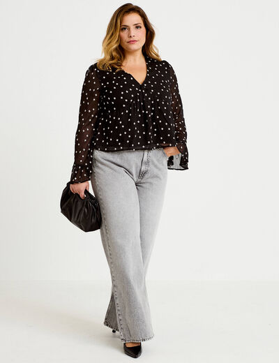 Blouse brod&eacute;e volant&eacute;e noir femme