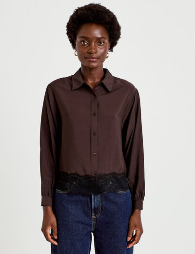 Chemise droite manches longues dentelle marron fonc&eacute; femme