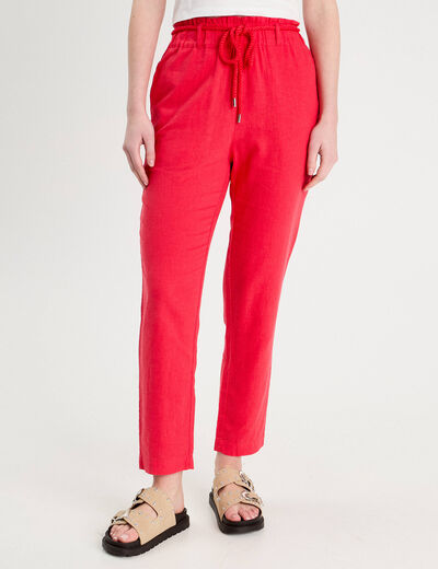 Pantalon droit fluide contenant du lin rouge femme