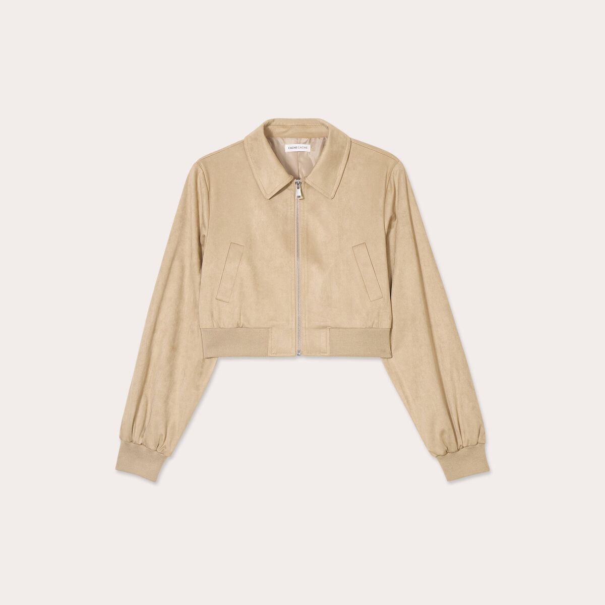 Veste courte zipp&eacute;e su&eacute;dine beige femme