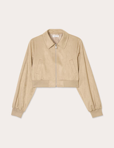 Veste courte zippée suédine beige femme