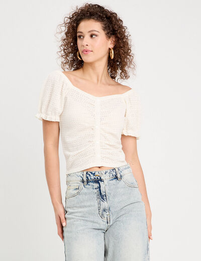 Blouse ajourée manches courtes ecru femme