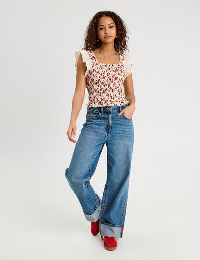 Débardeur smocké brodé blanc femme