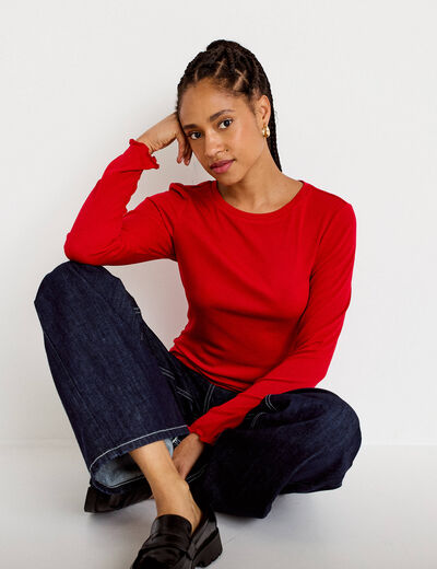 T-shirt ajust&eacute; col rond manches longues rouge femme