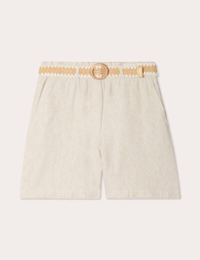 Short ample ceinturé contenant du lin beige femme