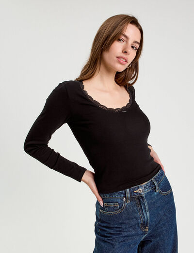 T-shirt manches longues côtelé noir femme