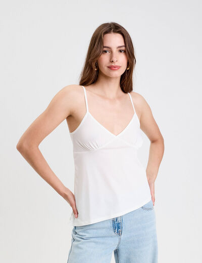 Débardeur asymétrique court col v ecru femme