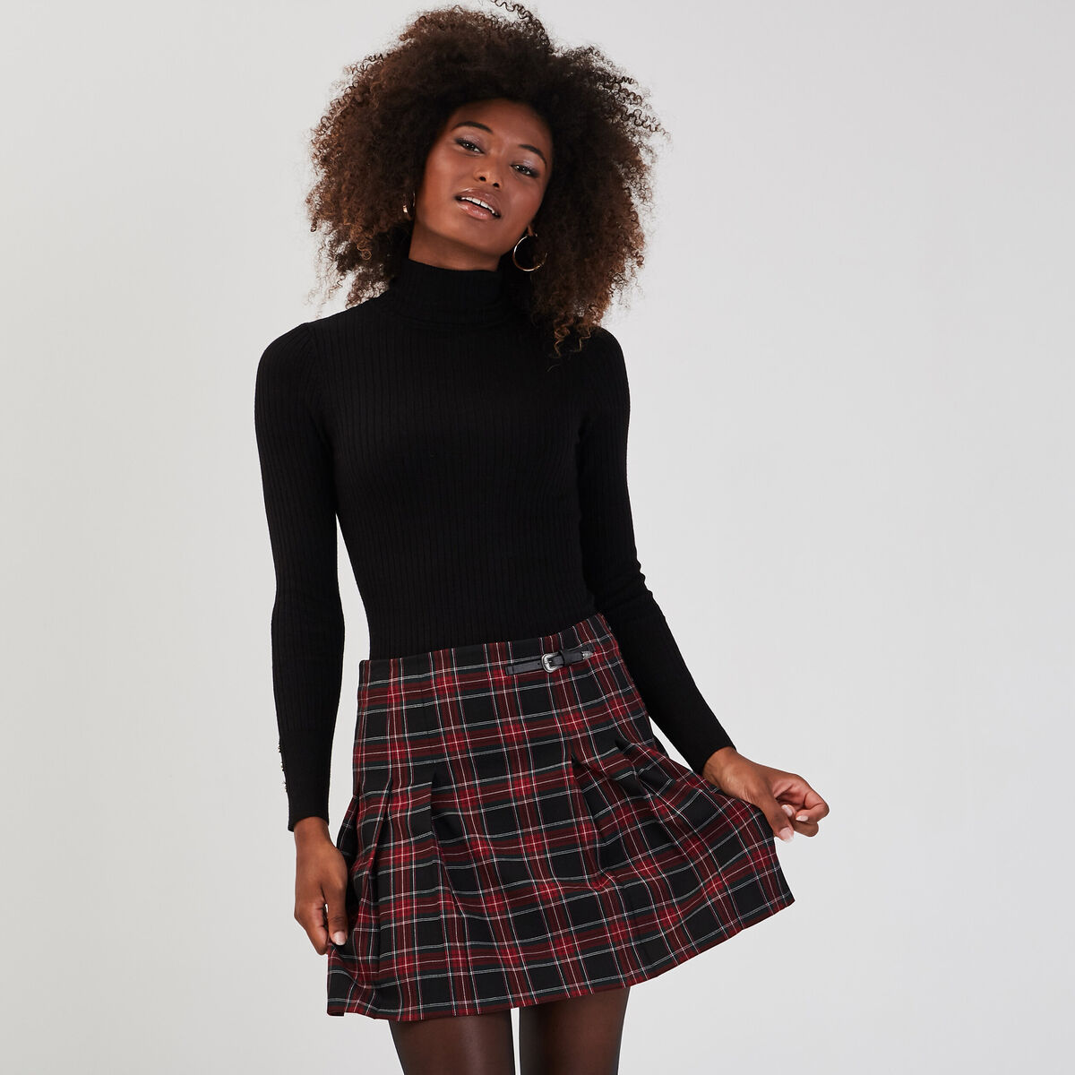 Pull col roulé côtelé noir femme
