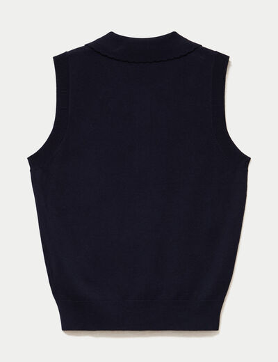 Polo sans manches col chemise brod&eacute; bleu marine femme